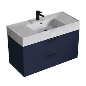 Derin 39.53 in. W x 18.11 in. D x 25.2 in. H Modern Wall Mounted Bathroom Vanity in Night Blue with White Ceramic Top