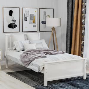 White Wood Frame Twin Size Platform Bed with Headboard and Wood Slat Support