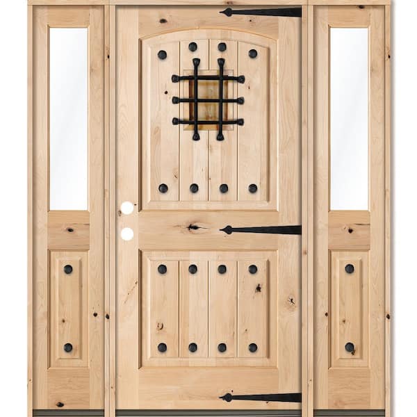 Krosswood Doors 58 in. x 80 in. Mediterranean Unfinished Knotty Alder Arch Right-Hand Half Sidelites Clear Glass Prehung Front Door