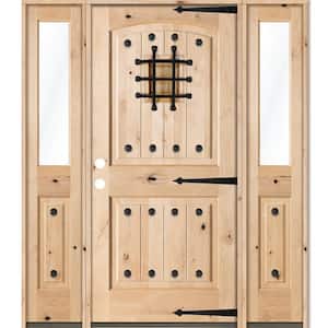 64 in. x 80 in. Mediterranean Alder Arch Top Clear Low-E Unfinished Wood Right-Hand Prehung Front Door/Half Sidelites