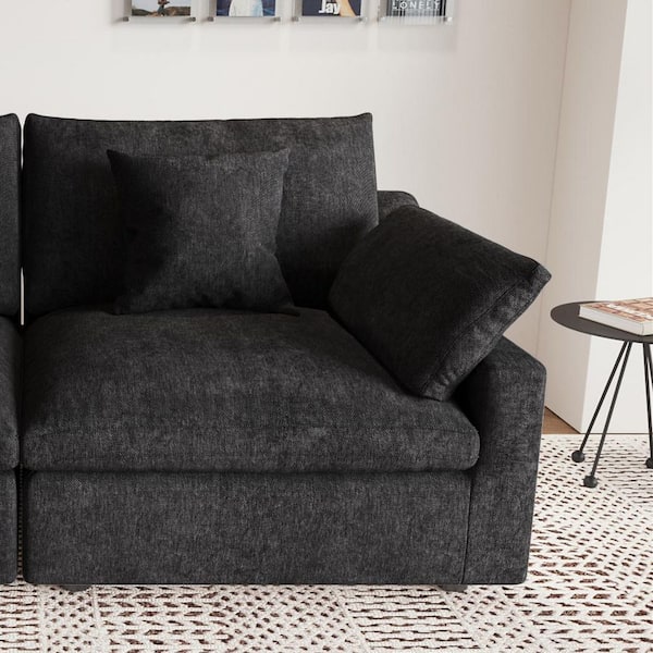 Modern 41 in. Flared Arm Linen Upholstered Cloud Couch Sectional 1-Seat Down Filled Sofa in Black(L Side Modular)