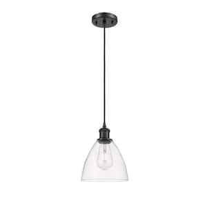 Bristol Glass 1-Light Matte Black Clear Shaded Pendant Light with Clear Glass Shade