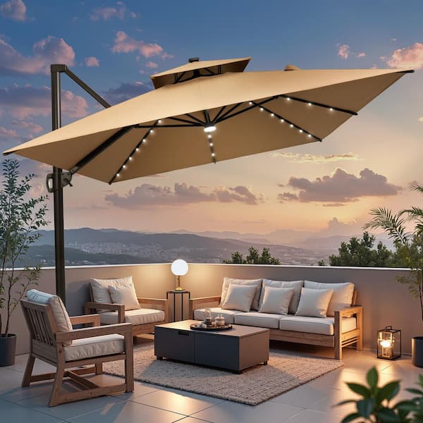 Pellebant Double Top 13 ft. x 10 ft. Rectangular Heavy-Duty 360° Rotation Solar LED Lighted Cantilever Patio Umbrella in Tan