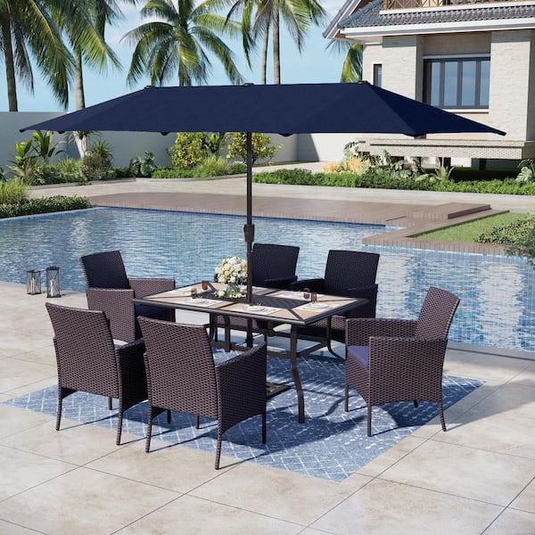 PHI VILLA 8-Piece Black Metal Patio Outdoor Dining Set with Rectangle Table, Blue Umbrella and Rattan Chairs with Blue Cushion
