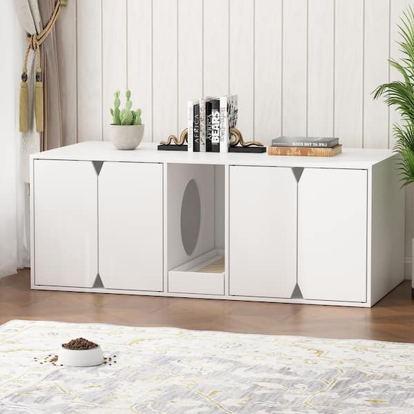 Indoor Large Modern Wooden 4-Door Cat Washroom with Double Room, Cat Litter Box Enclosure Furniture for 2 Cats, White