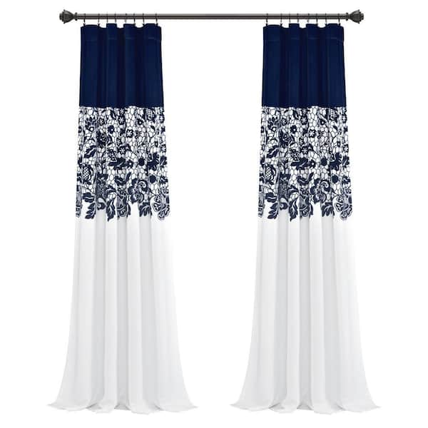 Navy Floral Rod Pocket Room Darkening Curtain - 52 in. W x 84 in. L (Set of 2)