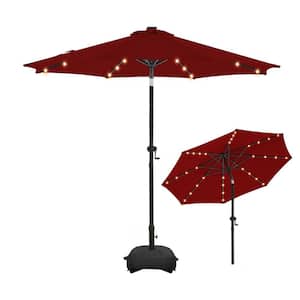 9 ft. Aluminum Solar Led Market Umbrella Outdoor Patio Umbrella with Base and LED Lights in Burgundy