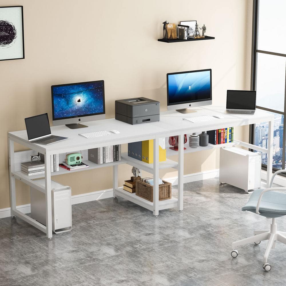 White Double Workstation Desk with Bookshelf and Storage Shelves
