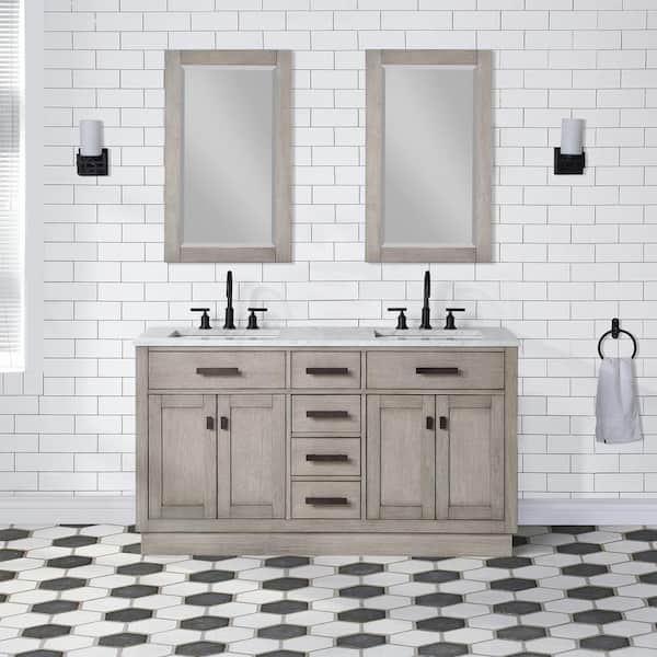 Water Creation Chestnut 60 in. W x 21.5 in. D Vanity in Grey Oak with Marble Vanity Top in White with White Basin