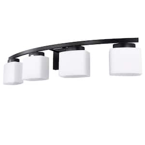 33.5 in. 4-Light Black Modern Square Vanity Light for Bathroom, Bedroom with Curved Arms and Milk White Glass Shades