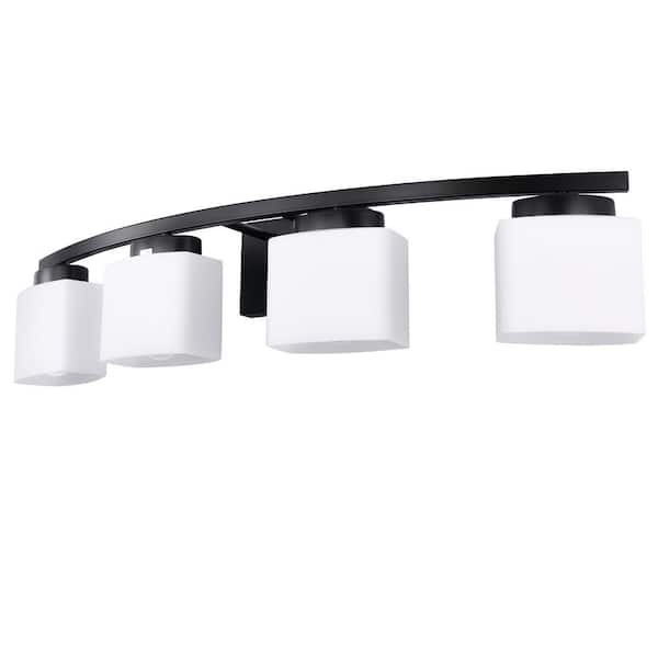 YANSUN 33.5 in. 4-Light Black Modern Square Vanity Light for Bathroom, Bedroom with Curved Arms and Milk White Glass Shades