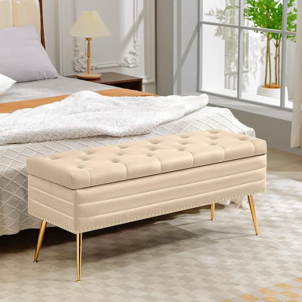 JEAREY Velvet Beige Storage Ottoman Entryway Bench with Gold Base and Diamond Tufted Design for Living Room