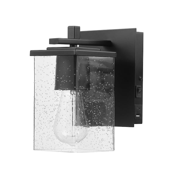 Globe Electric Barrett 1-Light Matte Black Plug-In or Hardwire Wall Sconce with USB and USB-C Port, Seeded Glass Shade