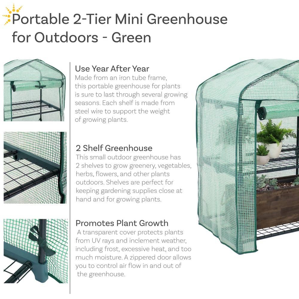 26.5" Green Polyethylene 2-Tier Mini Greenhouse with Shelves