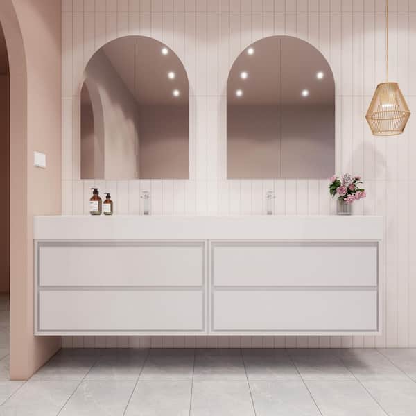 BV Better Vanity Saggie 84 in. W x 20 in. D x 28 in. H Double Sink Floating Bath Double Vanity in Gloss White with White Acrylic Top