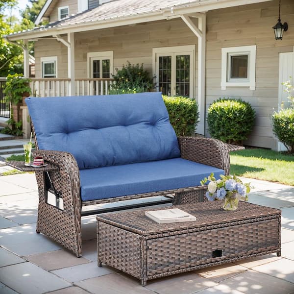 Wicker Patio Outdoor Daybed with Loveseat and Storage Ottoman, Blue Cushions, 5-Level Adjustable Backrest and 2 Trays