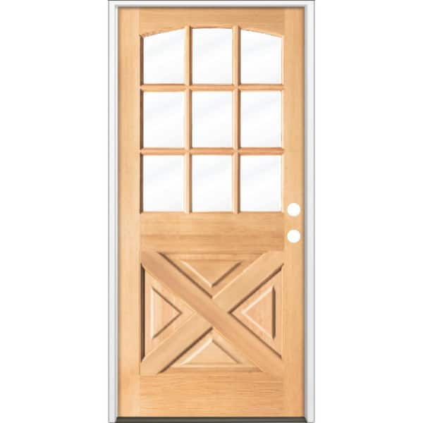 Krosswood Doors 36 in. x 80 in. Farmhouse X Panel LH 1/2 Lite Clear Glass Clear Stain Hemlock Prehung Front Door