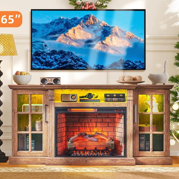 65 in. Freestanding Fireplace TV Stand with 28 in. Electric Fireplace and LED Light in Brown, for TVs up to 75 in.