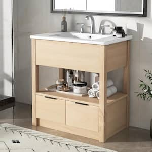 18.30 in. W Freestanding Brown Bath Vanity with White Ceramic Top Unassembled with Open Storage Shelf and Two Drawers