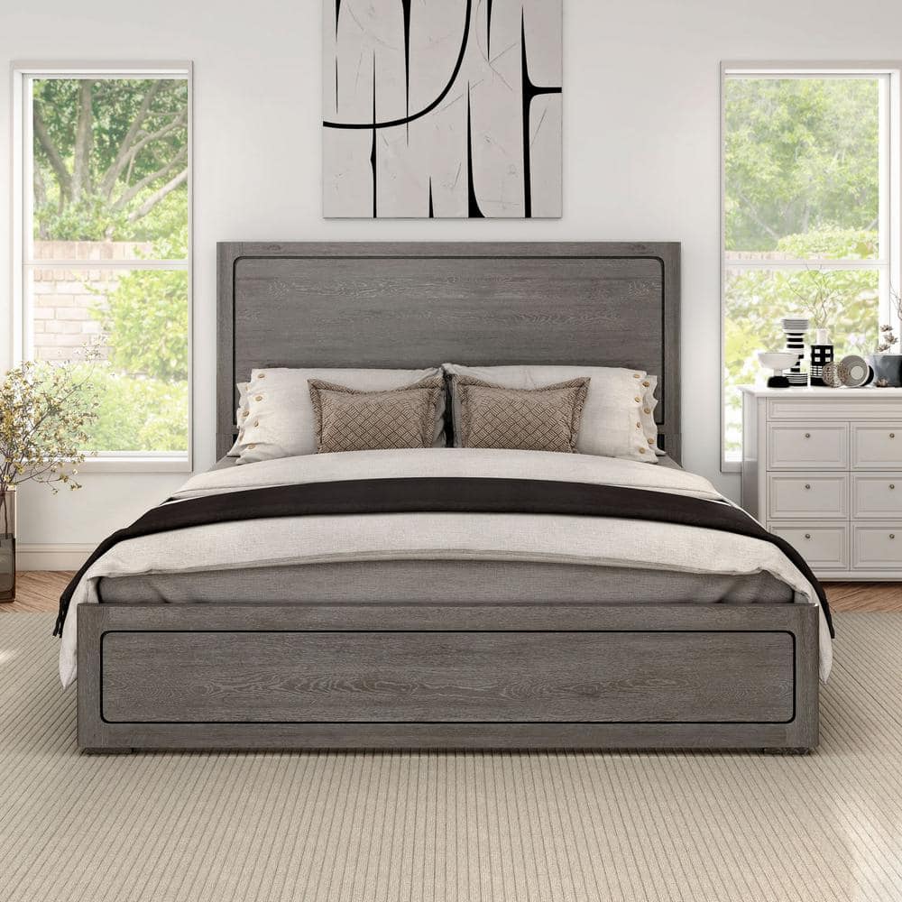Atlas 64-inch Queen Upholstered Panel Bed Grey and Dark Oak