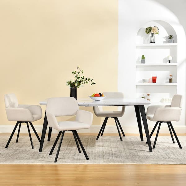 Homy Casa California Beige Fabric Swivel Dining Chairs with Black Metal Legs and High Back (Set of 2)