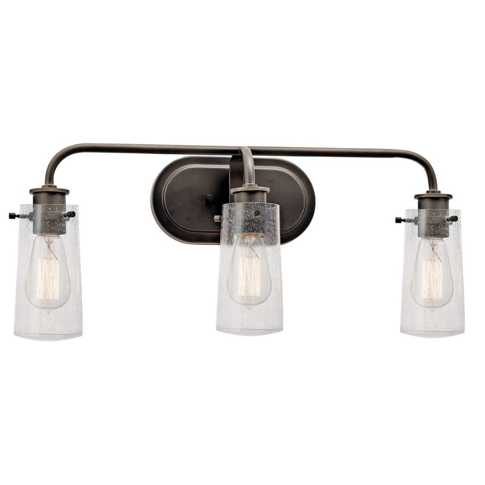 KICHLER Braelyn 24 in. 3-Light Old Bronze Vintage Bathroom Vanity Light with Seeded Glass Shade