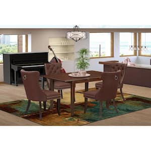 5-Piece Mahogany Finish Solid Wood Top - Rectangular Upholstered Dining Room Set with Butterfly Leaf - Seats 4