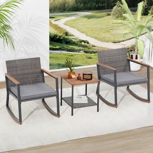 Gray 3-Piece Wicker Rocking Chair Outdoor Bistro Set with Grey Cushion, Wood Top Table for Porches and Balcony