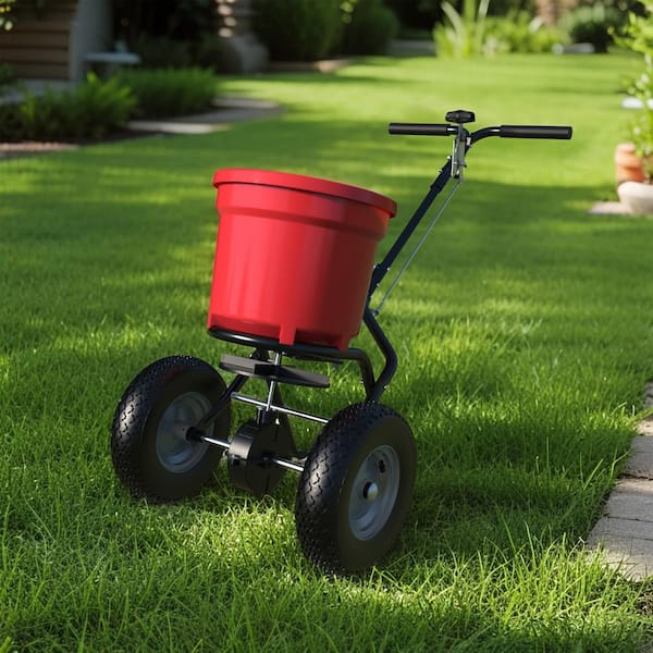 50 lb. Heavy Duty Broadcast Spreader for Lawn, Grass Seed, Fertilizer, Salt & Ice Melt-Wide Coverage, Pneumatic Wheels