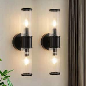 16.7 in. 2-Light Black Wall Sconce with Cylinder Glass Shade Modern Bathroom Light Fixture (Set of 2)