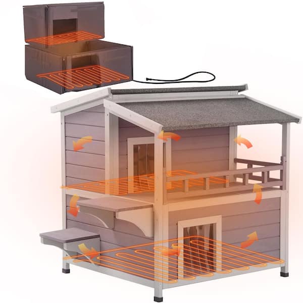 2-Story Outdoor Heated Cat House with Adjustable Heating Pad : Insulation Liner Waterproof Cat Shelter