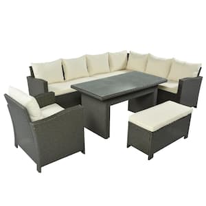 6-Pieces Wicker Outdoor Sectional Set with Dining Table Bench and Beige Cushions