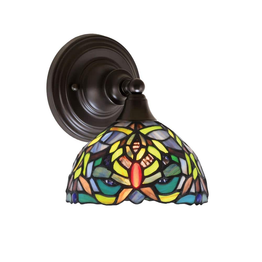 Fulton 1-Light Espresso Wall Sconce, 7 in. Kaleidoscope Art Glass