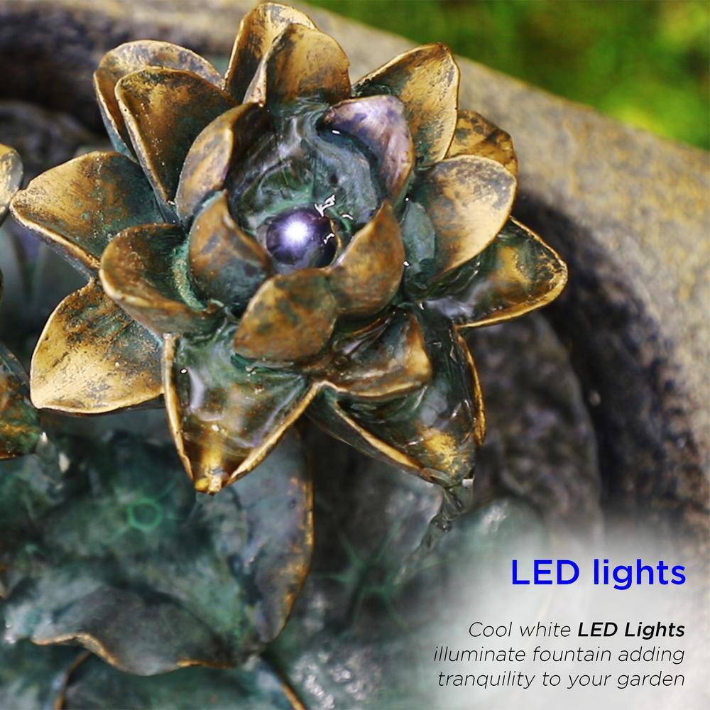 Solar Powered Brown Polyresin Lotus Rock Fountain with LED Lights