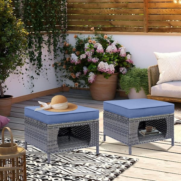 DWIOM Gray Wicker Outdoor Patio Ottoman with Storage Space Denim Blue Cushions (Set-2)