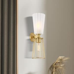 Liana 6 in. 2-Light Brushed Gold Wall Sconce Light with a Combination of Etched Glass and Wire Cage Shades for Bathrooms