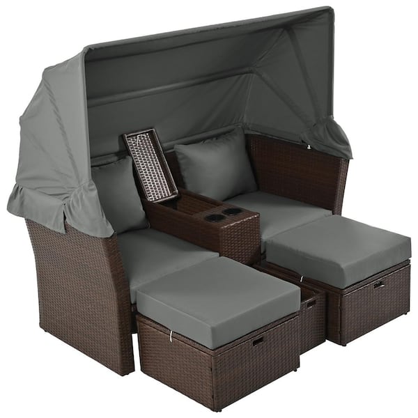 ITOPFOX 2-Seater Brown One Piece Rattan Wicker Patio Outdoor Loveseat with Foldable Awning and Gray Cushions