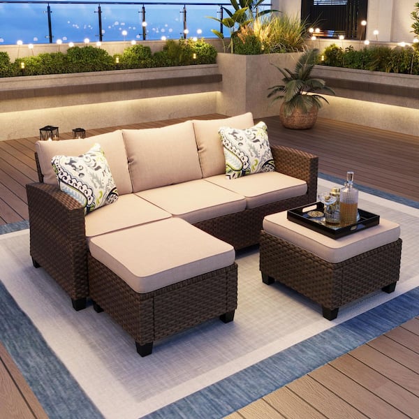 Brown Rattan Wicker 5 Seat 3-Piece Steel Patio Outdoor Sectional Set with Beige Cushions and 2 Ottomans