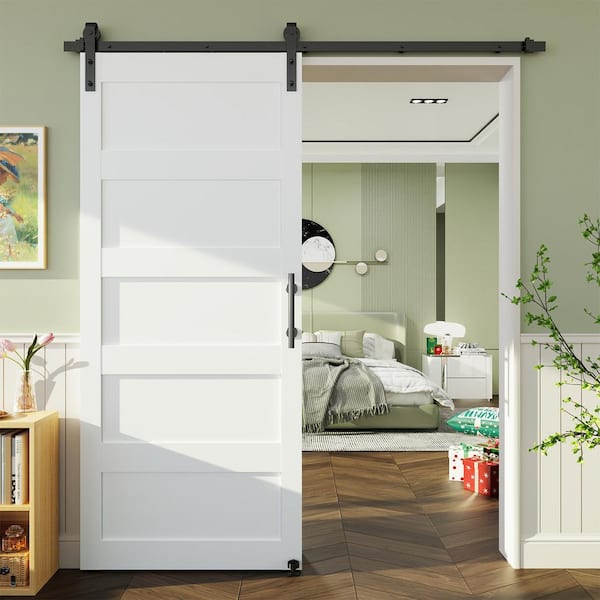 5-Panel 36 in. x 84 in. White MDF Sliding Barn Door Slab with Hardware Kit