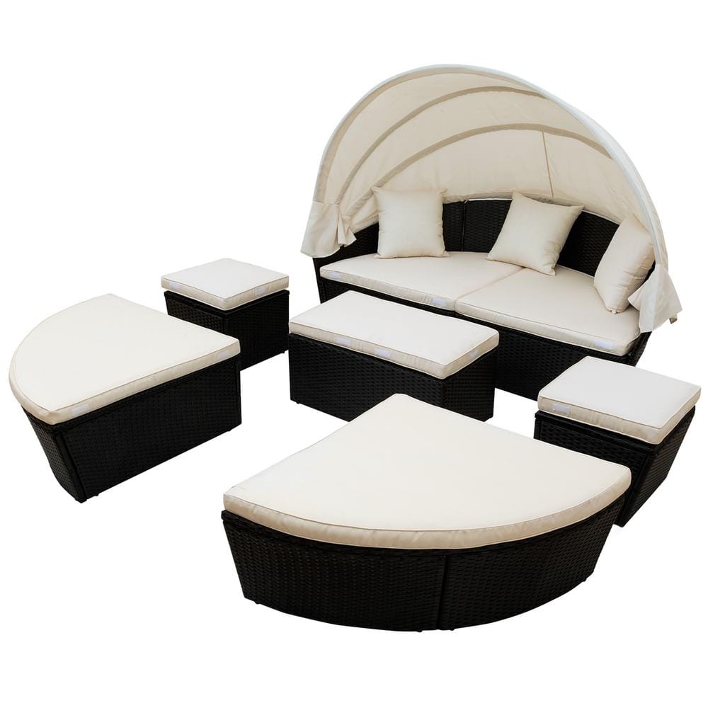 waelph Black Wicker Outdoor Sectional Set with Retractable Canopy Wicker Furniture and Beige