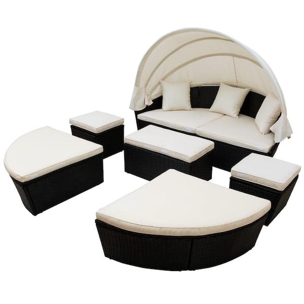 waelph Black Wicker Outdoor Sectional Set with Retractable Canopy Wicker Furniture and Beige Cushions