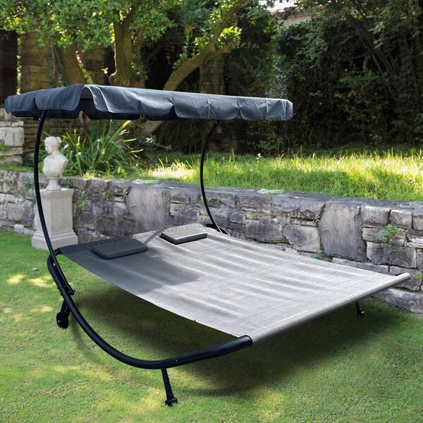 Double Lounge Bed Outdoor Lounger Canopy 2 Person Chaise Lounge Hammock Bed Blue 