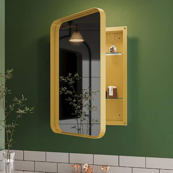 16 in. W x 24 in. H Rectangular Aluminum Medicine Cabinet with Mirror in Matte Gold