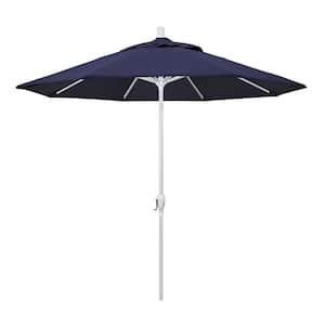 9 ft. White Aluminum Pole Market Aluminum Ribs Push Tilt Crank Lift Patio Umbrella in Navy Sunbrella