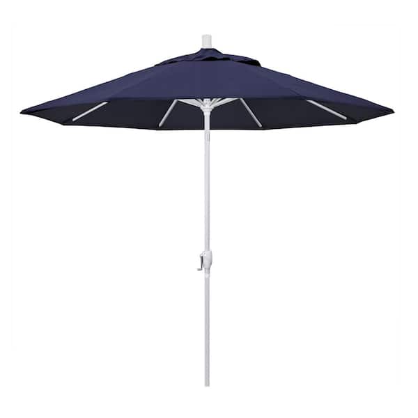 California Umbrella 9 ft. White Aluminum Pole Market Aluminum Ribs Push Tilt Crank Lift Patio Umbrella in Navy Sunbrella