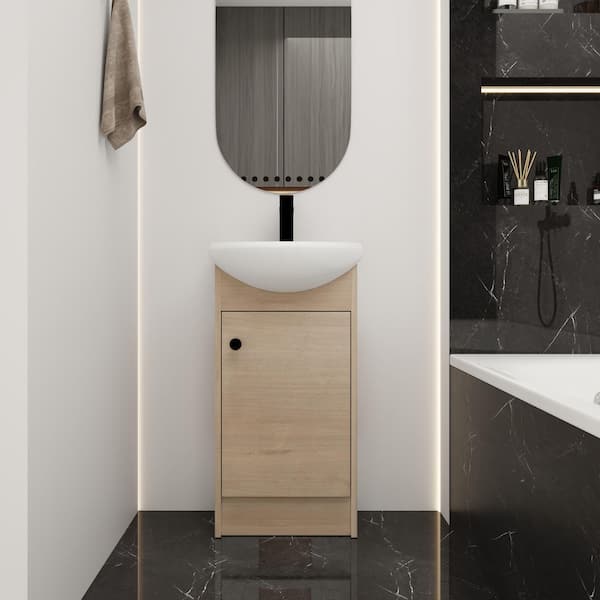 18 in. W x 14 in. D x 35 in. H Single Sink Freestanding Bath Vanity in Plain Light Oak with White Ceramic Top