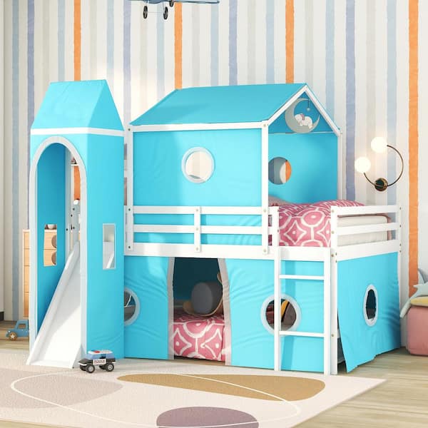 Harper & Bright Designs Blue Full Size Wood Bunk Bed with Slide, Tent ...