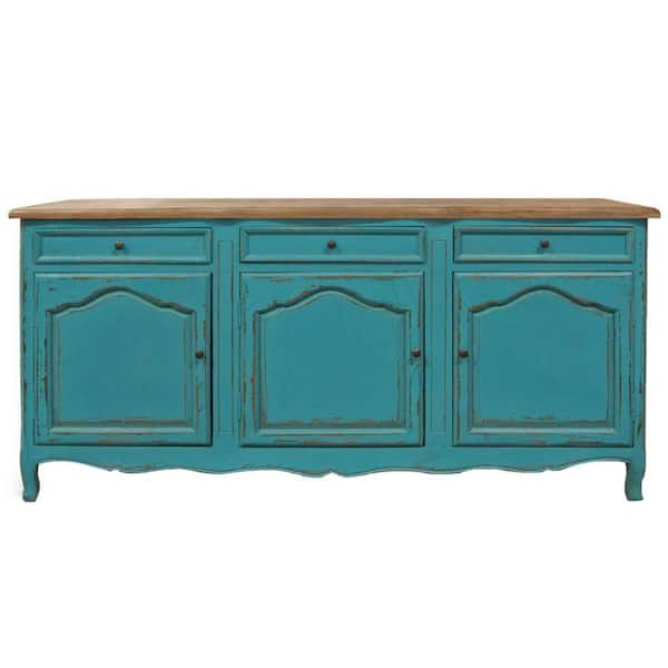 Benjara Teal and Brown Wood Top 74 in. Sideboard with 3 Doors and 3 ...