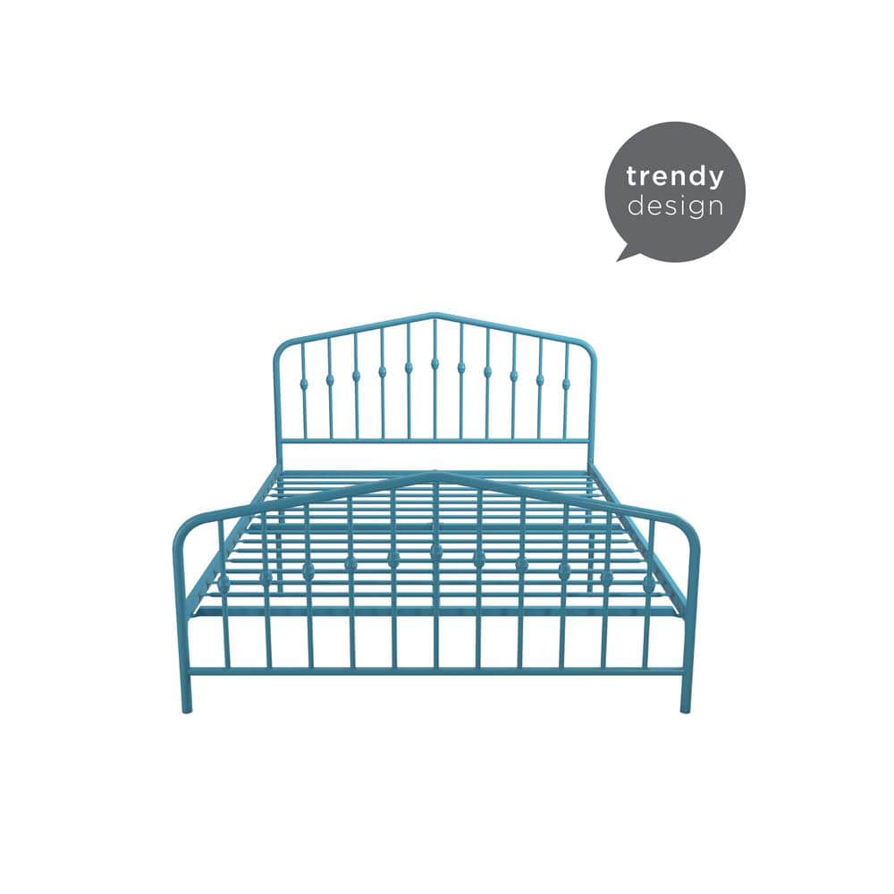 Sea Blue Queen Metal Platform Bed with Headboard and Slats