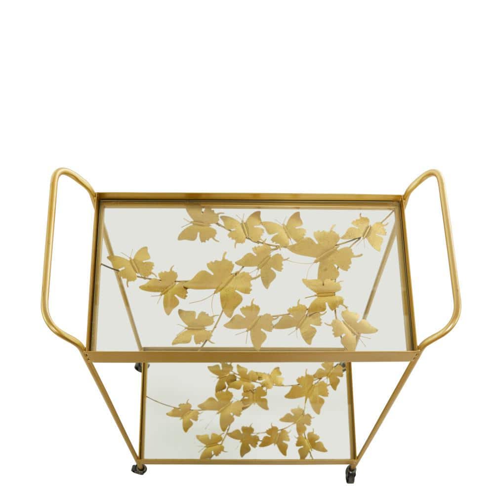 Sleek Gold Contemporary Rectangular Bar Cart with Glass Shelves